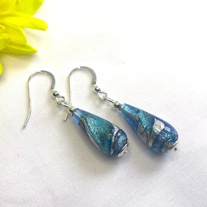 Blue Murano Glass Drop Earrings Aquamarine and Sapphire Glass with White Gold Ideal for Special Occasions or as a Gift for Her