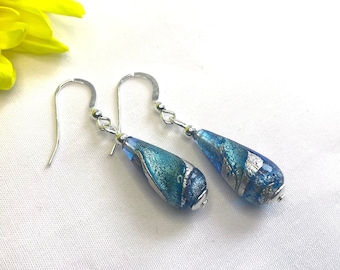 Blue Murano Glass Bead Earrings, Aquamarine and Sapphire Venetian Glass with 24K Silver Earwires Ideal for Special Occasions or Gift for Her