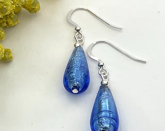 Sapphire Blue Murano Glass Drop Earrings Blue Crystal with Silver Core and Sterling Silver Beads Ideal Gift or Special Occasions