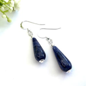 Blue Sodalite Sterling Silver Drop Earrings: Natural Semi Precious Gemstone