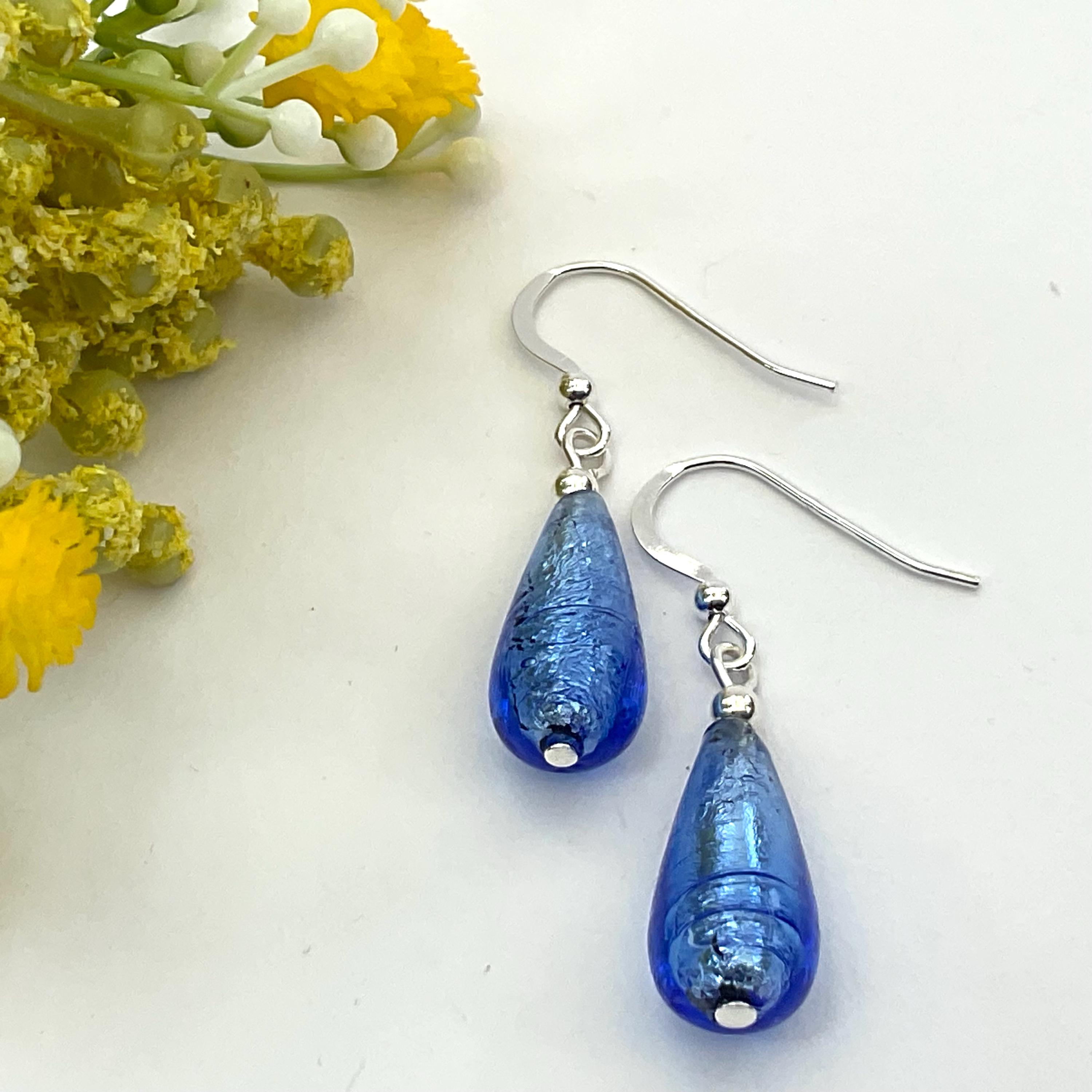 Boucles D'oreilles Clous Perles Murano Bleues Scintillantes - Plaqué Argent
