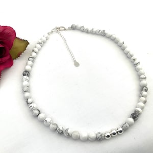 White Howlite Bead Necklace, Semi Precious Gemstones and Sterling Silver Beads Ideal Gift or for Special Occasions