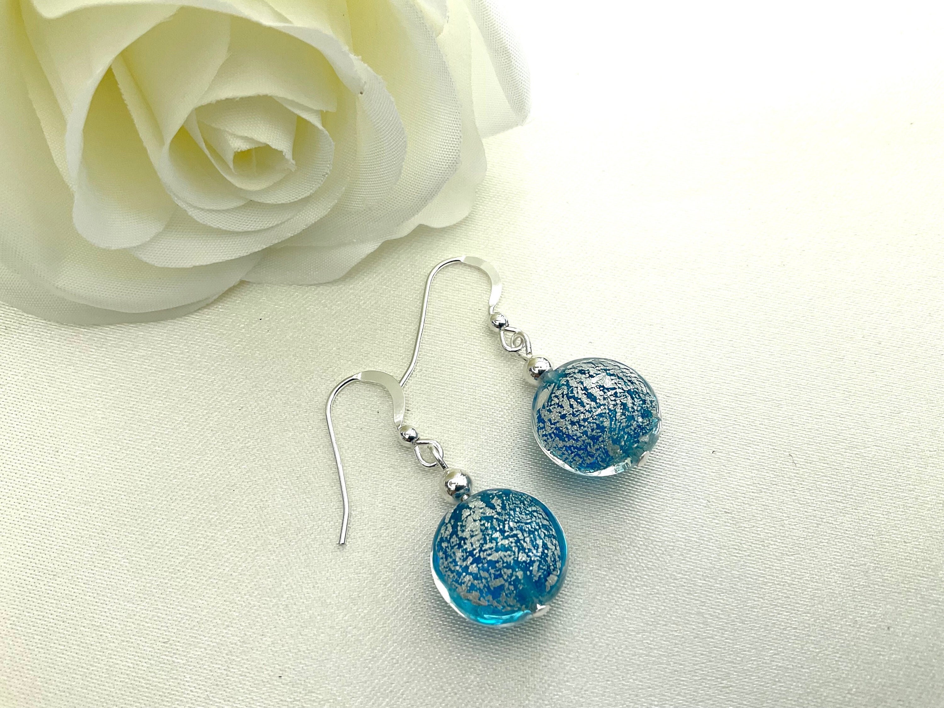Sky Blue Murano Glass Earrings, Aqua Lentil Crystal with White Gold Foil Sparkles Finished with Silver Beads