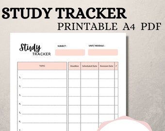 May include: Printable A4 PDF study tracker with a pink and white color scheme. The tracker has sections for subject, unit/module, topic, deadline, scheduled date, revision date, and a checkmark column. The text "Study Tracker" is at the top of the page, and the text "Digital Print" is in a circle at the bottom right corner of the page.