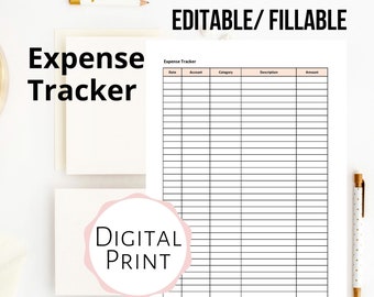 May include: Editable and printable expense tracker with columns for date, account, category, description, and amount. The tracker has a total line at the bottom.
