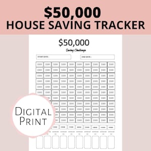 May include: A black and white printable house saving tracker with a $50,000 saving challenge title. The tracker has a grid with 10 columns and 15 rows. Each row represents $500 and the columns represent the months of the year. The tracker has a start date and end date section.