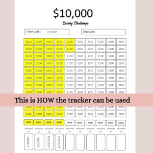 以下が含まれることがあります： 「10,000円貯蓄チャレンジ」というテキストが書かれた黄色と黒の印刷可能な貯蓄トラッカーチャート。チャートは100個の正方形に分割されており、それぞれ100円を表しています。チャートには、2021年1月1日の開始日と終了日が含まれています。チャートには、日付と貯蓄額で進捗状況を追跡するためのセクションも含まれています。