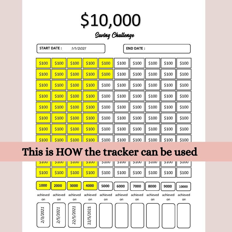 以下が含まれることがあります： 「10,000円貯蓄チャレンジ」というテキストが書かれた黄色と黒の印刷可能な貯蓄トラッカーチャート。チャートは100個の正方形に分割されており、それぞれ100円を表しています。チャートには、2021年1月1日の開始日と終了日が含まれています。チャートには、日付と貯蓄額で進捗状況を追跡するためのセクションも含まれています。