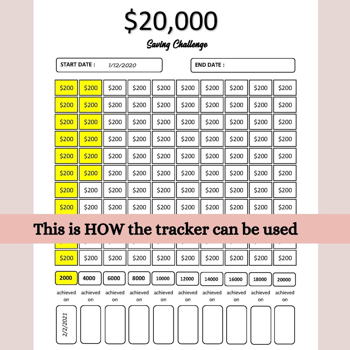 20000 Savings Challenge Saving Tracker Printable Financial - Etsy