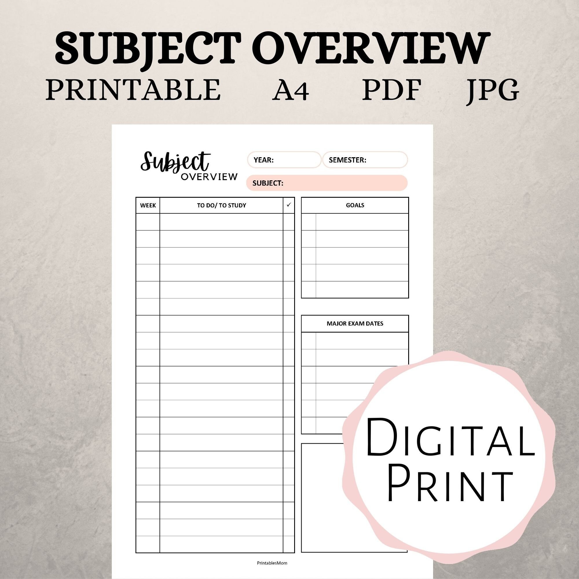Subject Overview Printables Student Planner Inserts, College Student