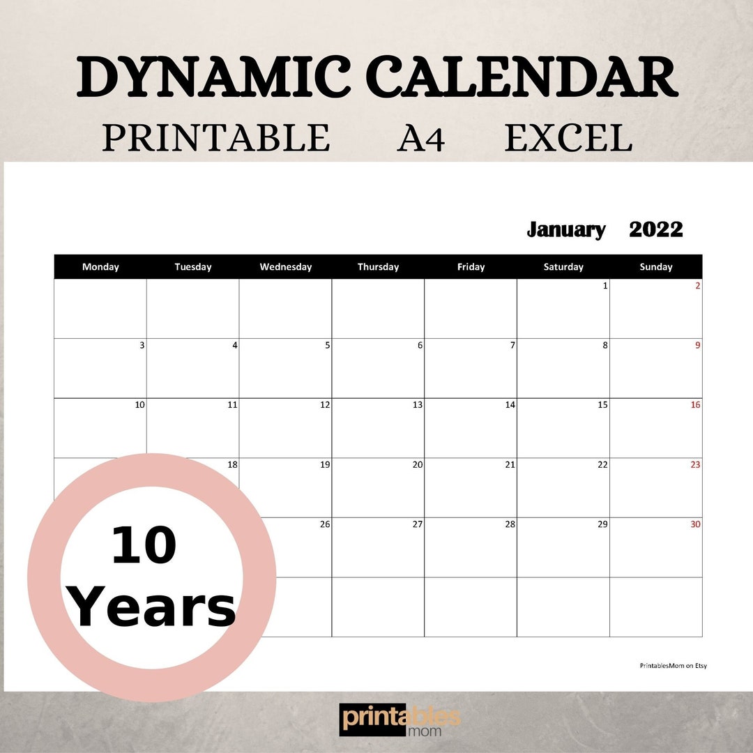 20212031 Editable Calendar 10 Years Dynamic Calendar Etsy