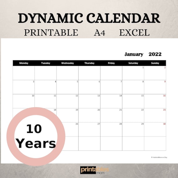 2021-2031 Editable Calendar 10 Years Dynamic Calendar | Etsy