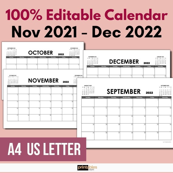 Nov 21 To Dec 22 Monthly Calendar Editable Excel Etsy