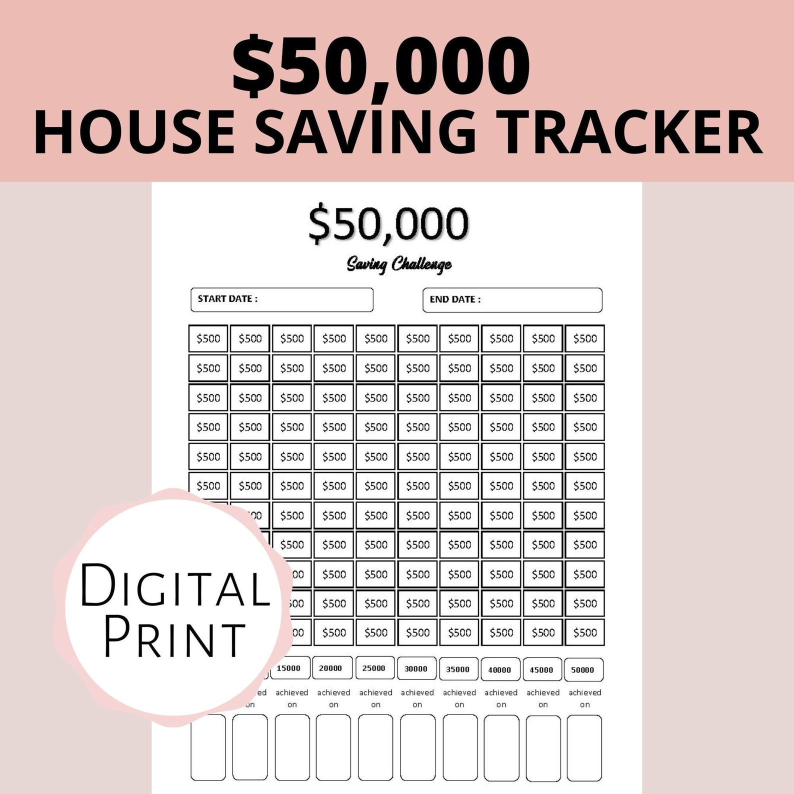 50000 savings challenge house saving tracker money saving etsy
