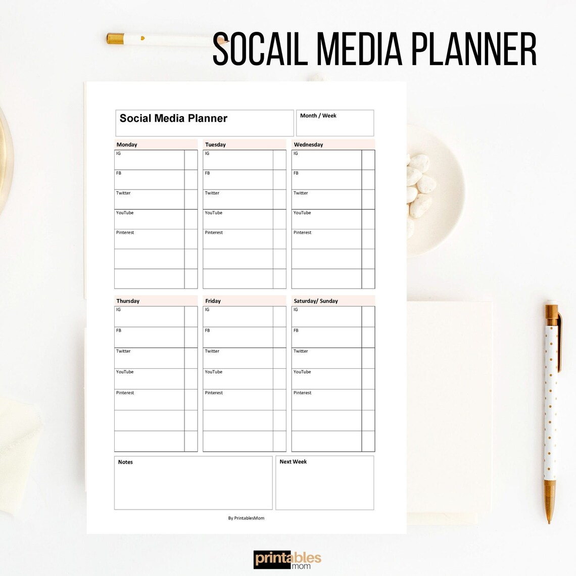 Social Media Planner, Weekly Schedule, Content Planner, Fillable PDF F