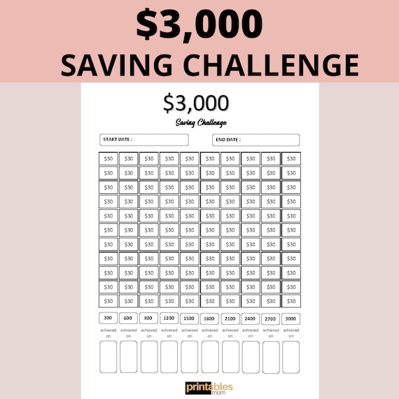 3000 Savings Challenge Tracker Printable, Saving Tracker