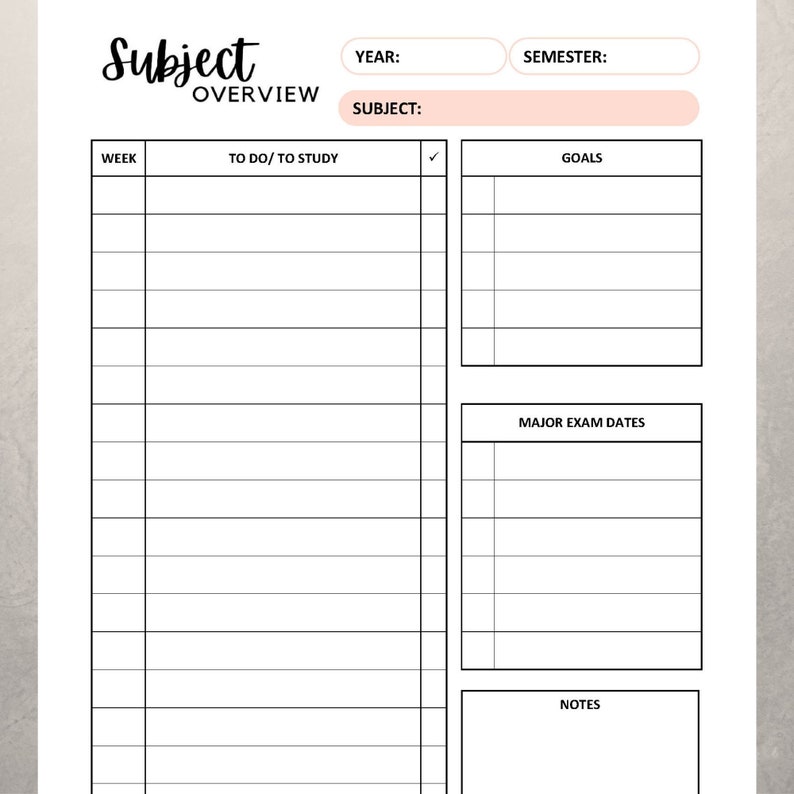 Subject Overview Printables Student Planner Inserts, College Student