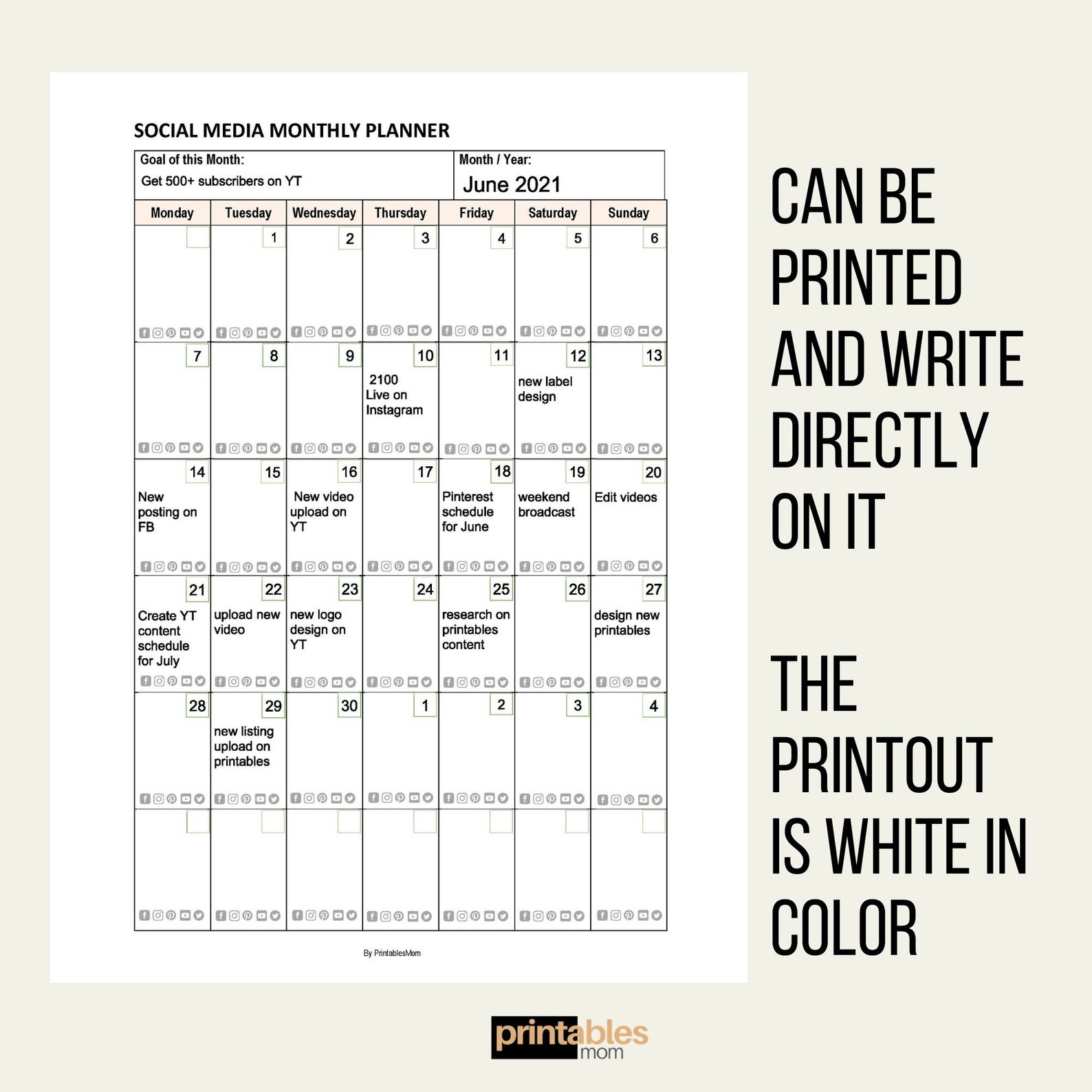 Social Media Calendar, Monthly Schedule, Social Media Content Planner