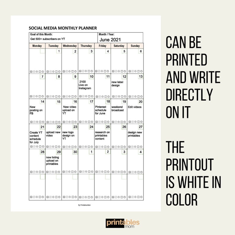Social Media Calendar, Monthly Schedule, Social Media Content Planner