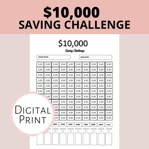 10000 Savings Challenge Tracker Printable, Financial Tracker, Money Saving, Instant Download