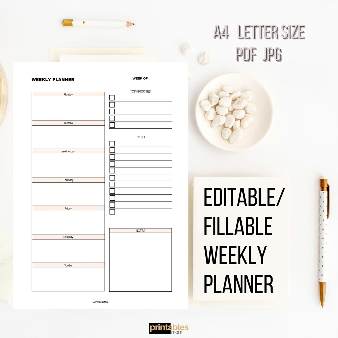 Weekly Planner Minimalist Goals Planner Fillable Planner Weekly Do List ...
