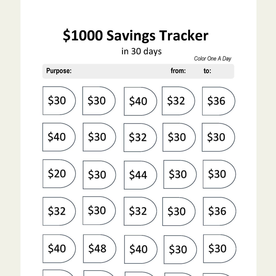 1000 Savings Challenge Tracker Printable in 30 Days Saving Etsy