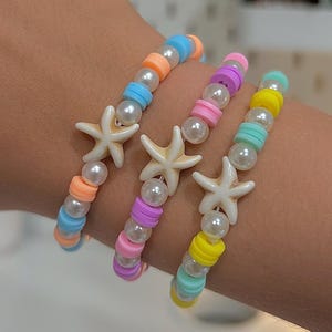 bracelet starfish colorful preppy child jewelry ocean teen bracelet clay bead sea jewelry stretchy beaded charm bracelet pastel preppy small