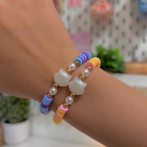 Pulseira de concha infantil, pulseira de estilo preppy, joias para nascer do sol, adolescentes, contas de argila, pulseira de pôr do sol, presente colorido, joias de contas de praia, pulseira com pingente de mar
