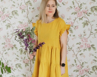 Organic  Linen Dress for Women /  Yellow Linen Dress / Linen Dress Short Sleeve /