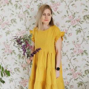 Organic Linen Dress for Women / Yellow Linen Dress / Linen Dress Short Sleeve / image 1