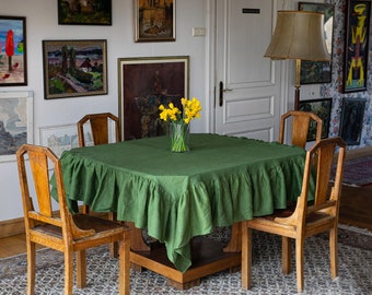Green natural linen tablecloth /ruffled round tablecloth /ruffle tablecloth/easter gifts /home decor/handmade tablecloth/spring