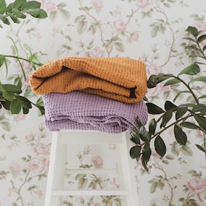 LAVENDER 100% natural linen waffle throw blanket /Linen bed throw  blanket cinnamon color / Stonewashed flax Throw /