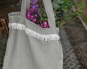 Long handle Linen tote bag / Washed Linen bag with ruffles / Linen shopping bag /