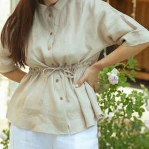 Soft beige linen blouse / Short sleeve linen shirt women/ Loose Linen Shirt / Cute summer blouses holidays / Shirt for work / Gift For Her/ image 5