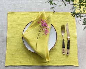 Soft Yellow linen placemats / Woven Linen placemats for table decor / Rectangle placemats set 2, 4, 6,  / Linen placemat gift for birthday /