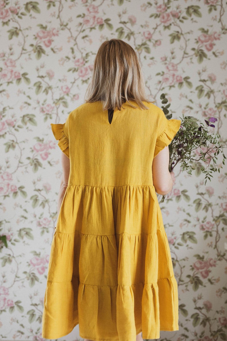 Organic Linen Dress for Women / Yellow Linen Dress / Linen Dress Short Sleeve / image 2