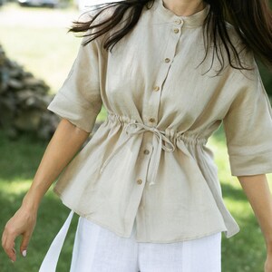 Soft beige linen blouse / Short sleeve linen shirt women/ Loose Linen Shirt / Cute summer blouses holidays / Shirt for work / Gift For Her/ image 6