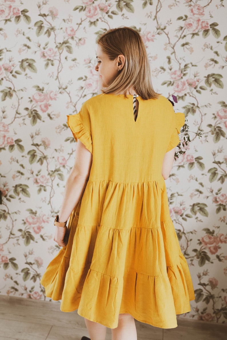 Organic Linen Dress for Women / Yellow Linen Dress / Linen Dress Short Sleeve / image 4