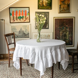 WHITE SWAN - easter linen tablecloth with ruffles/ round tablecloth ruffles /natural linen ruffled tablecloth / ruffled round table cloth/