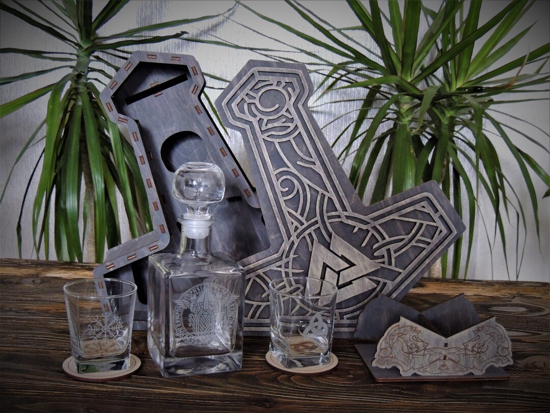 Whiskey Set thor's Hammer, Viking Decor, Gift for Viking Fan, Nordic