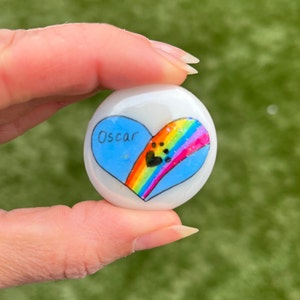 May include: A white heart-shaped stone with a blue heart painted on it. The blue heart has the name "Oscar" written on it and a rainbow with paw prints painted on it.