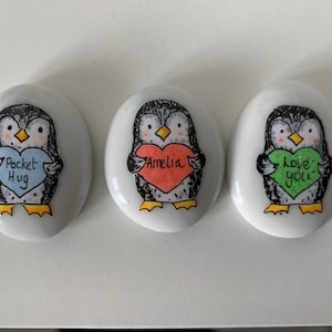 Penguin pocket hug pebble , personalised gift , friendship  , worry stone , keepsake , good luck, love you ,small gift