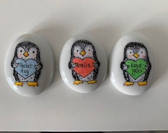 Penguin pocket hug pebble , personalised gift , friendship  , worry stone , keepsake , good luck, love you ,small gift