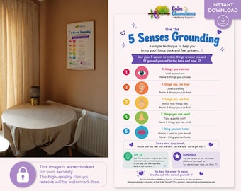 5 Senses Grounding Technique Printable | Anxiety Coping Skills Poster | Calming Strategy for Children and Teens | Instant Download