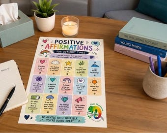 Positive Affirmations for Difficult Times | Kids & Teen Wellbeing Poster |Anxiety - Emotional Regulation| Printable A4 Download