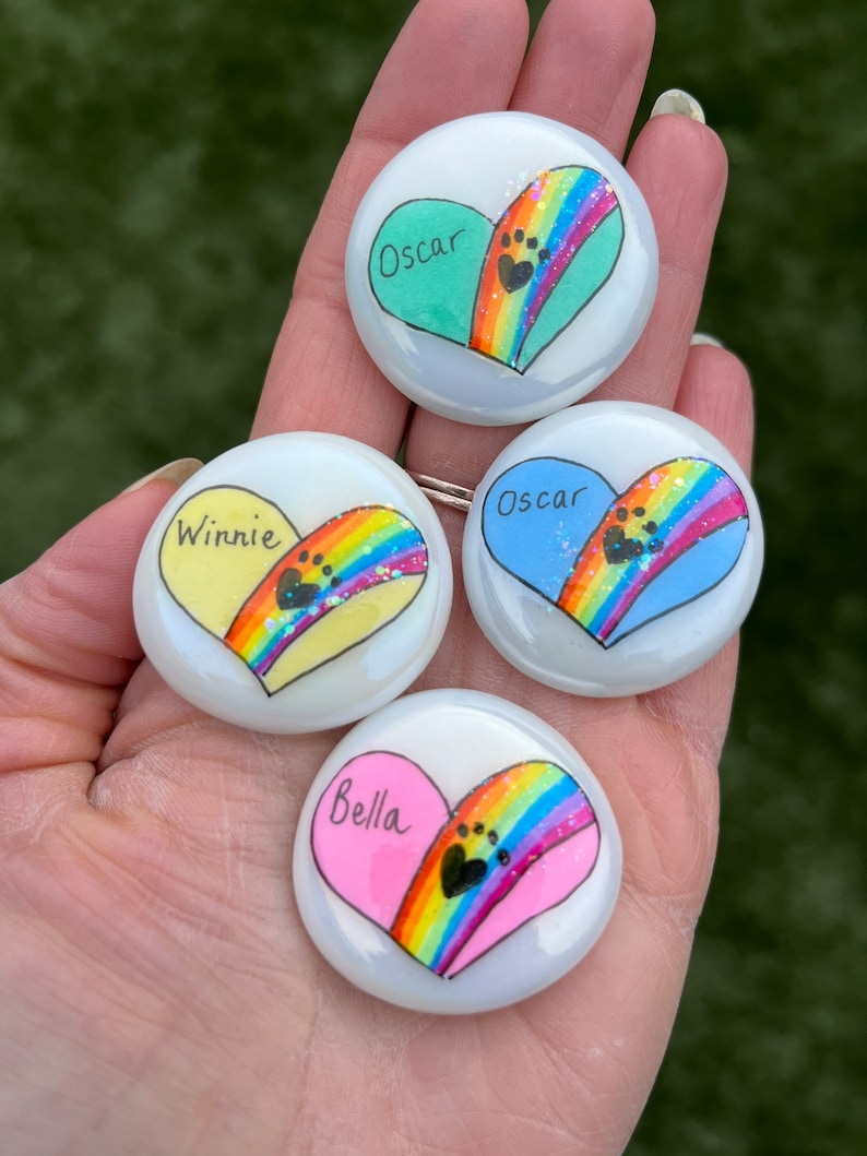 May include: Four painted heart-shaped stones with rainbow designs and paw prints. The stones are white with a glossy finish. The names "Oscar", "Winnie", "Oscar", and "Bella" are written on the stones.