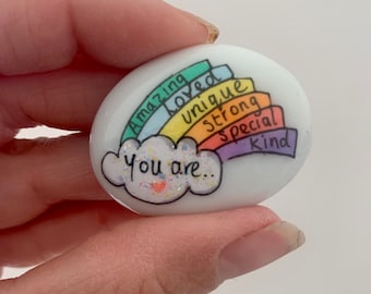Positive affirmations sparkly rainbow pocket pebble