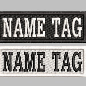 Może przedstawiać: Dwa haftowane naszywki z tekstem "NAME TAG" w białych literach na czarnym tle i czarnych literach na białym tle.