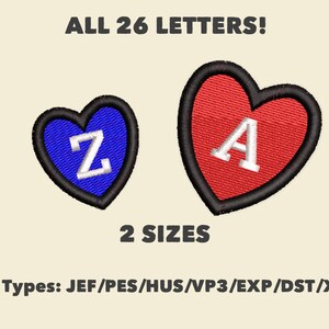 May include: A set of 26 embroidery designs featuring the alphabet in a heart shape. The designs are available in two sizes and in the following file formats: JEF, PES, HUS, VP3, EXP, DST, and XXX.
