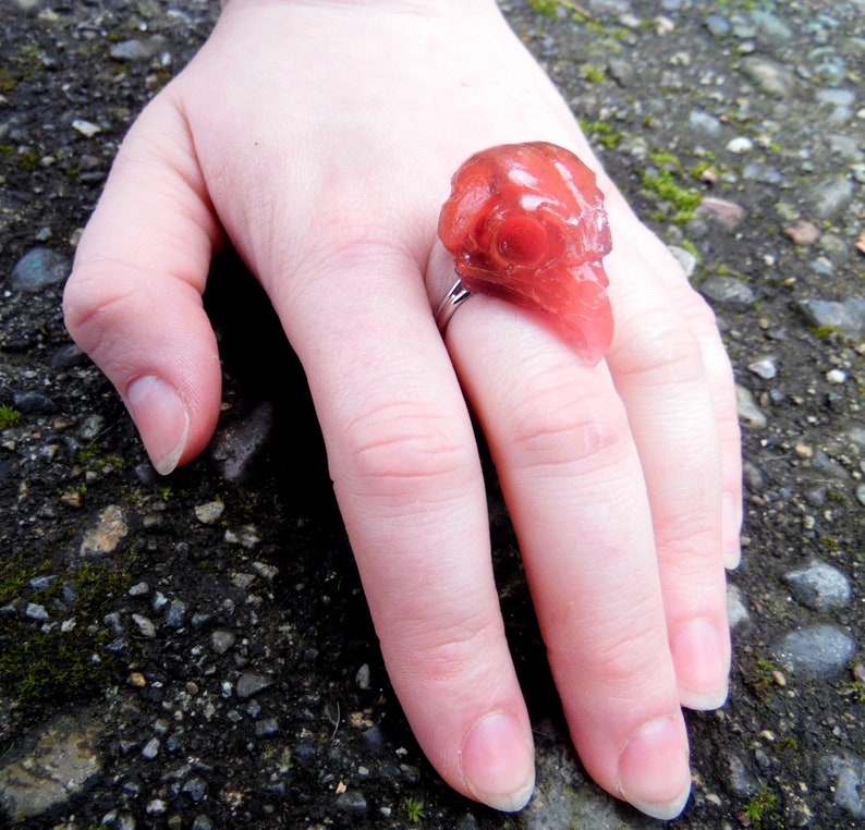 Radioactive Raspberry Owl Skull Ring Handmade Resin Glow In the Dark Witch Pagan Rave Jewelry